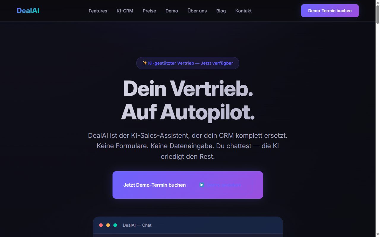 Screenshot der DealAI-Website: Dein Vertrieb. Auf Autopilot.